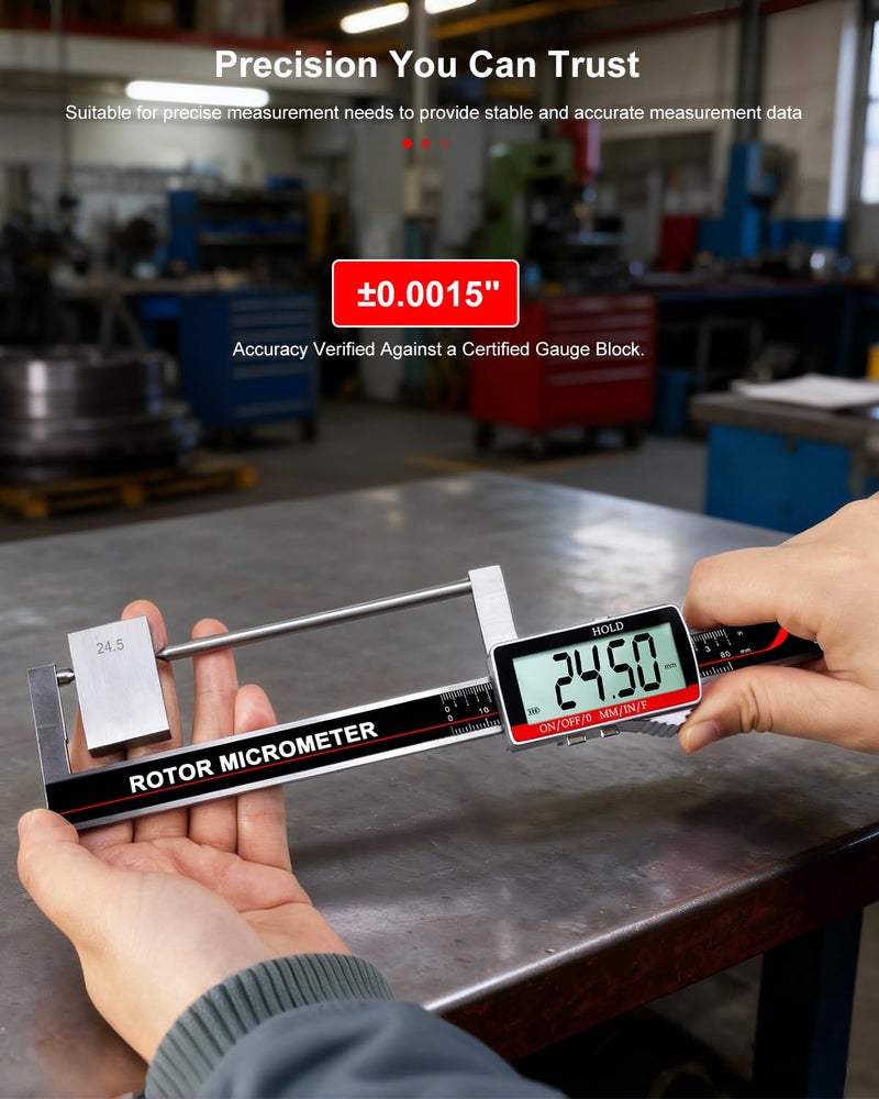 GODESON Brake Rotor Gauge, Rechargeable Digital Caliper 3.25-Inch ±0.03mm Accuracy, Stainless Steel Body, Large LCD Display with Hold, mm/inch/F Units, IP54, Measures Discs Without Removing Wheels - Image 4